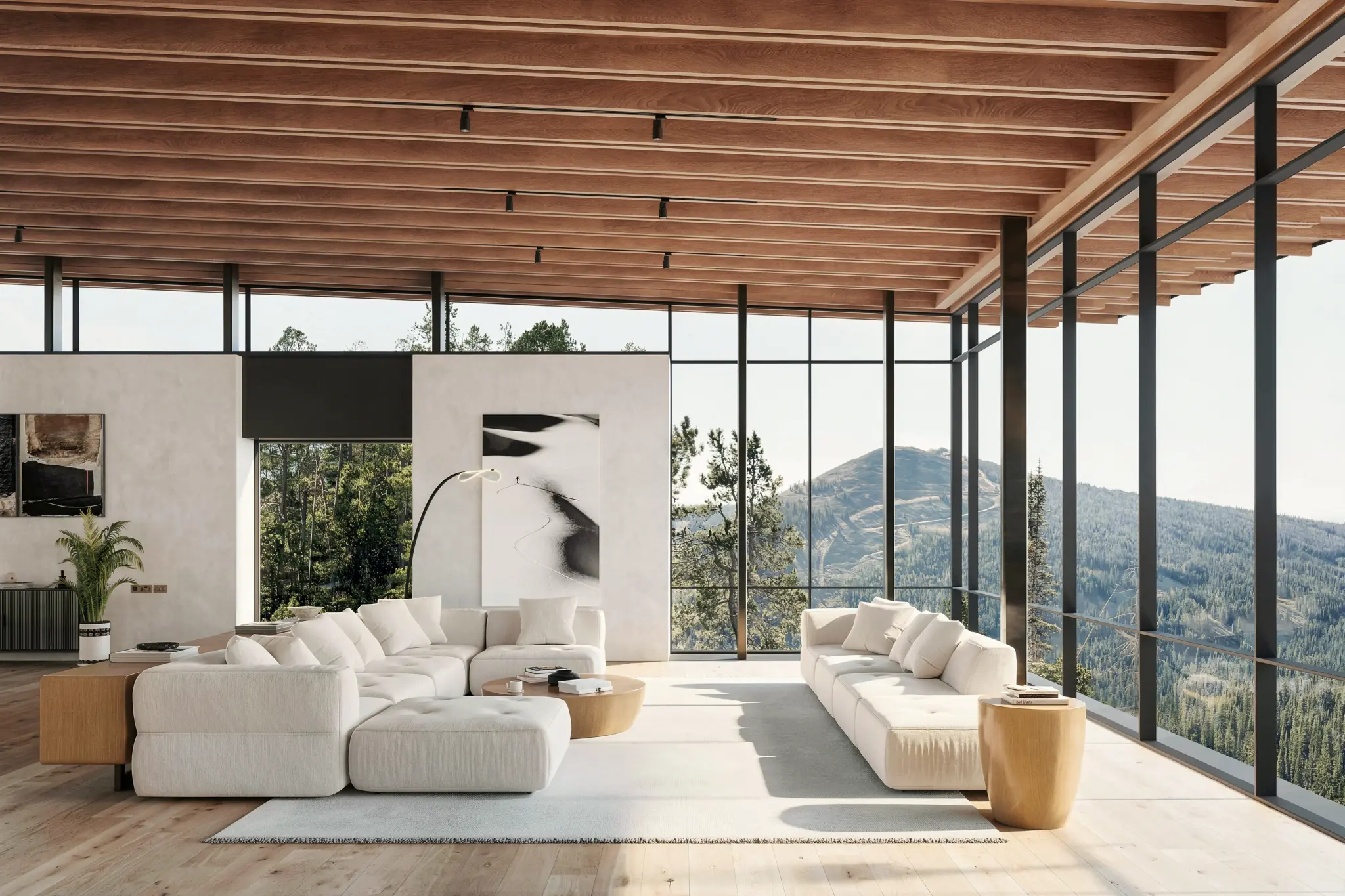 Photoreal mountain residence interior with a timber ceiling and expansive views