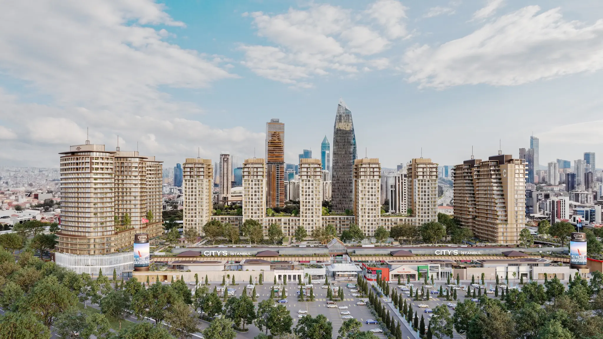 Wide aerial visualization of the City’s Istanbul mixed-use development and its surrounding urban context