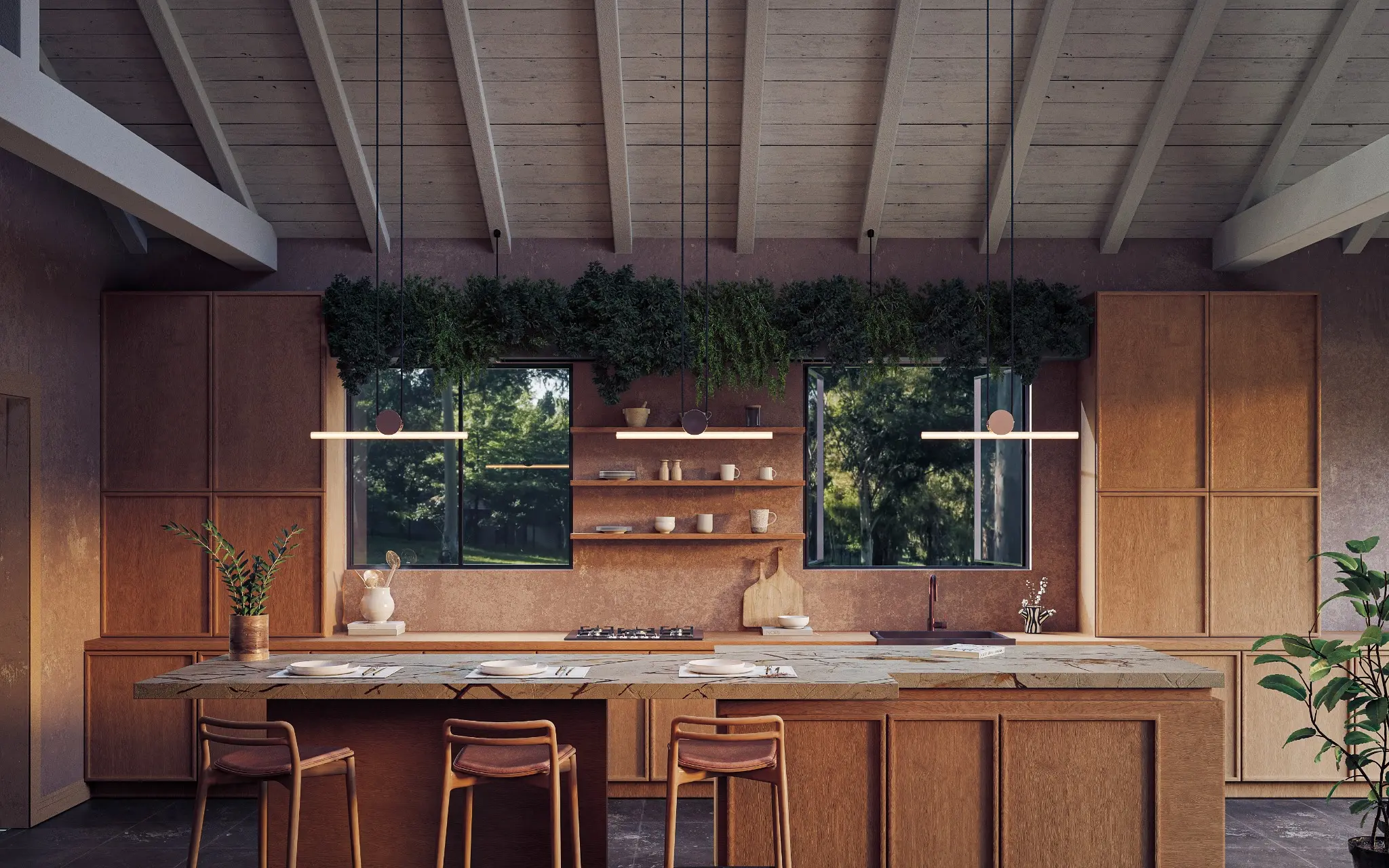 Photoreal front view of a warm timber kitchen with a vaulted ceiling and garden views