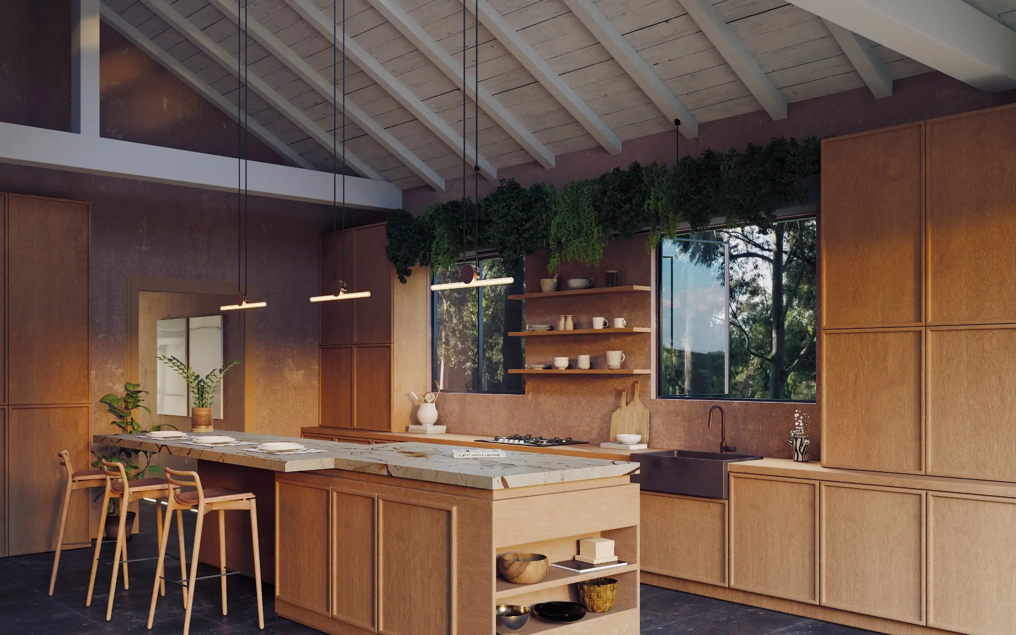 Timber kitchen material study with stone and metal details